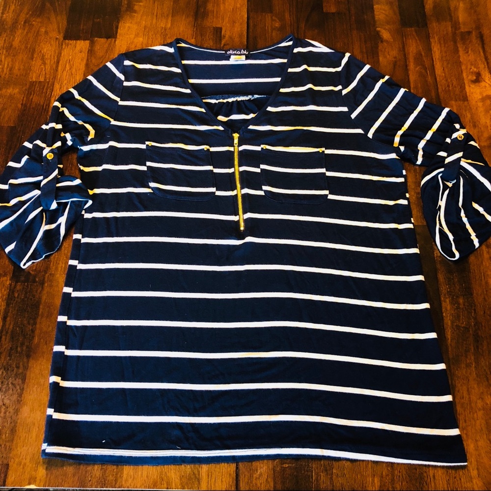 Navy/ White Striped 3/4 Sleeve Zip Top